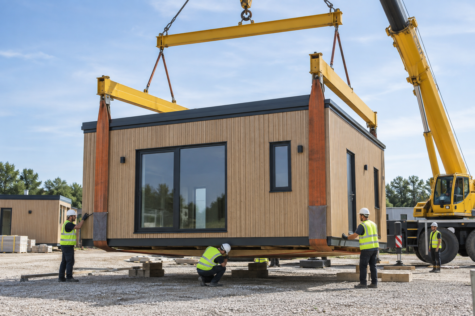 Modulinio namo kėlimas per plotį naudojant kėlimo sijas, traversą ir šoninius diržus